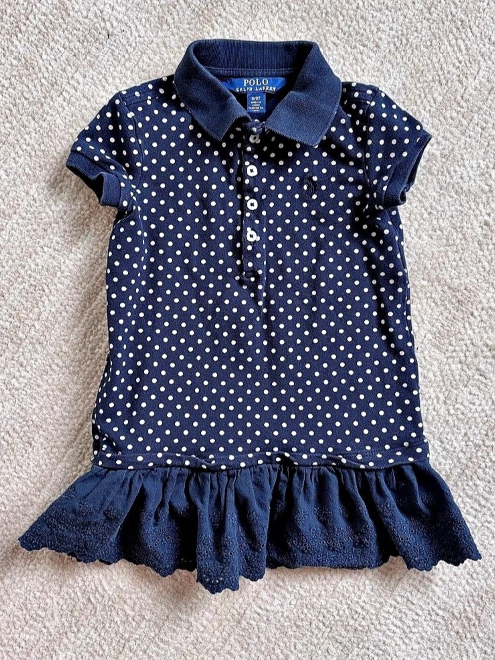 Polo Ralph Lauren Polka-Dot Cotton Mesh Polo Dress Blue & White 3T